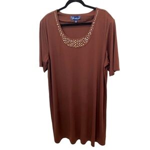 Susan Graver Style Plus Size Brown Studded Ponte Knit SS Dress Size 2X